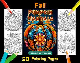 Puede incluir: Descarga digital de un libro para colorear "Fall Pumpkin Mandala" con 50 páginas. La portada muestra un diseño de mandala de calabaza colorido y detallado, rodeado de ilustraciones de calabazas en blanco y negro y el texto "Instant Download!"