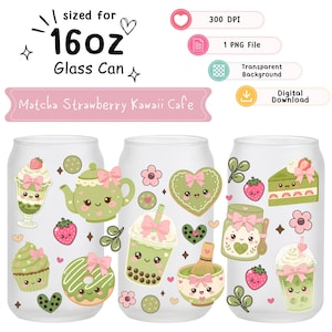 Kawaii Matcha Jordgubb 16oz Glasburkomslag, Pastell Grönt Te Sublimering Kaffekoppomslag Design PNG