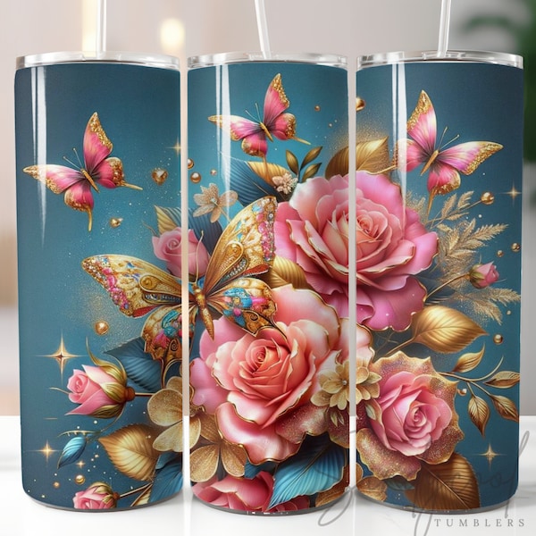 Roses Pink and Gold Tumbler Wrap, Elegant Flowers Tumbler Sublimation Seamless Designs, Floral 20oz Skinny Tumbler, Mother's Day Gifts