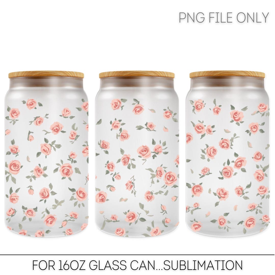 Pink Rose Floral Glass Can Wrap, 16oz Libbey Sublimation PNG ...