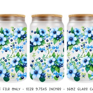 Blue Floral Glass Can Wrap: Botanical Sublimation Design (PNG Digital Download)
