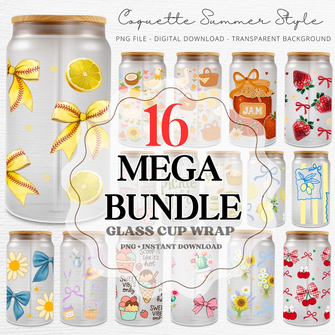Glass Can Wrap Bundle PNG, 16 Design Girly Tumbler Wrap for 16oz ...