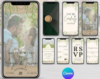 Wedding Video Invitation, Greenery Video Invite Template Editable Canva Digital Wedding Animated