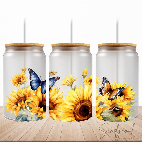 Butterflies Sunflowers - Watercolor Flower - Frosted Glass Libbey Can Wrap - 16oz Can Png - Digital Sublimation Design - Instant Download