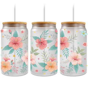 Hibiscus Floral Glass Can Wrap: Tropical Summer Cup (Digital Download)