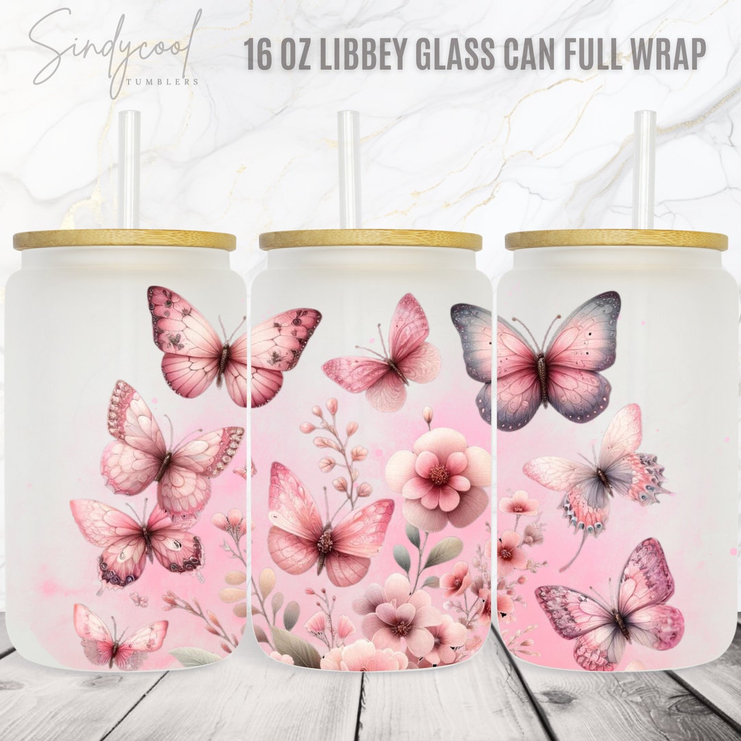 Pink Flowers Watercolor Butterfly Floral 16 Oz Libbey Glass Can Tumbler ...