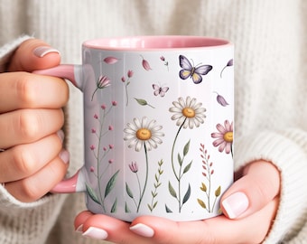 Aquarelle de fleurs sauvages de 11 oz et 15 oz, modèle de tasse à café par sublimation (téléchargement numérique PNG)