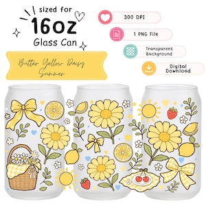 May include: A digital download design for a 16oz glass can featuring a Butter Yellow Daisy Summer theme. The pattern includes yellow daisies, lemons, strawberries, bows, suns, and a basket of flowers on a transparent background, 300 DPI PNG file.