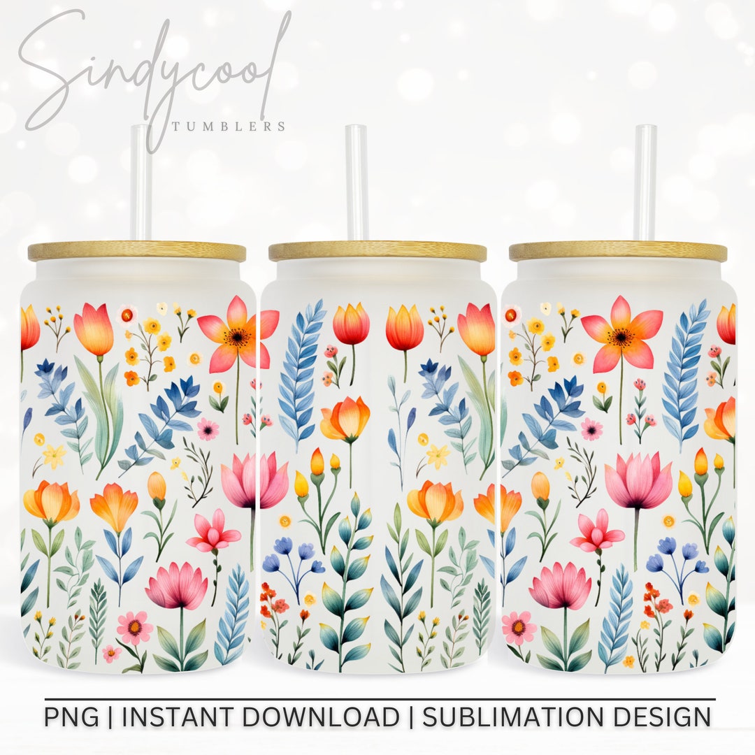 Watercolor Wildflowers 16 Oz Libbey Glass Can Tumbler PNG Seamless ...