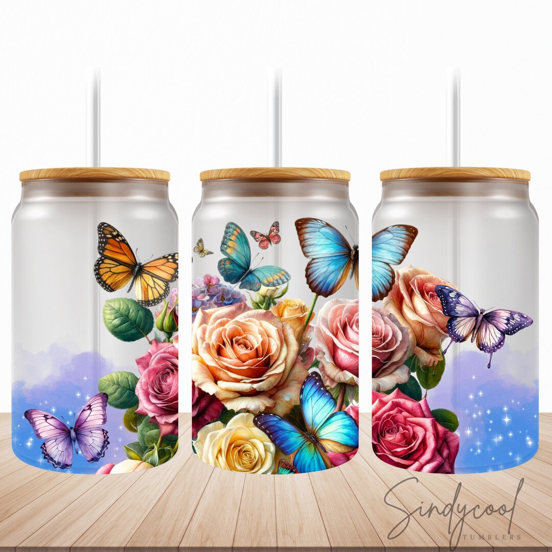 16 Oz Libbey Glass Can Tumbler Purple Watercolor Flowers Floral 16 Oz ...