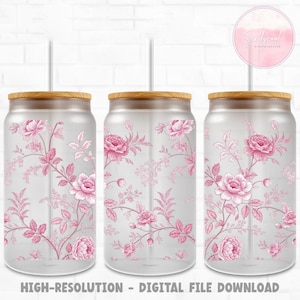 Pink Toile De Jouy, Spring Floral GlassGlass Can Designs, Copos com flores Chinoiserie, Copo estético, Copo de café de 16 onças, Download digital