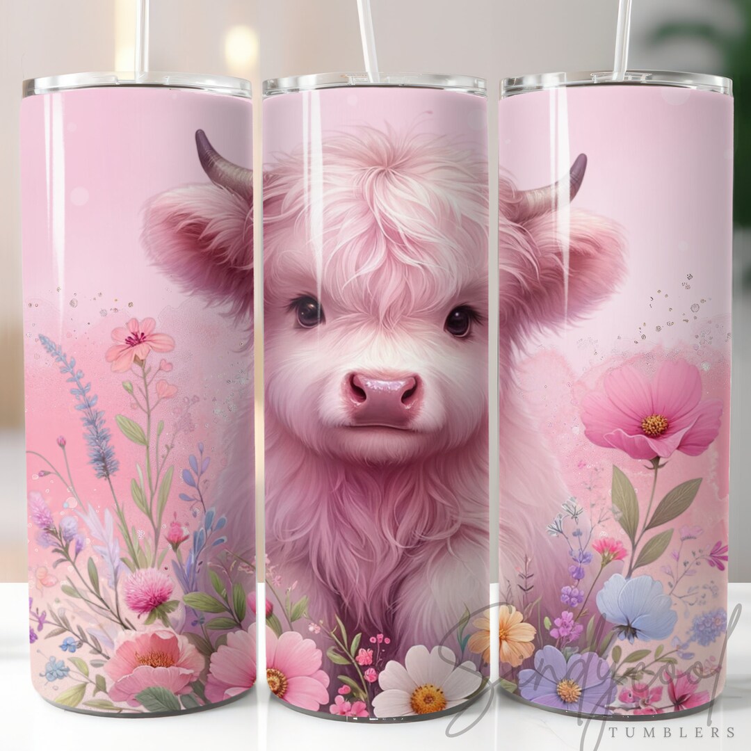 Pink Flower Highland Cow 20oz Skinny Tumbler Wrap Sublimation Design ...
