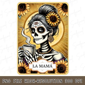 Impresión artística de calavera de azúcar del Día de Muertos de La Mamá, Calavera de girasol para amantes del café, Día de los Muertos, Esqueleto PNG, Amante de las cartas del tarot PNG