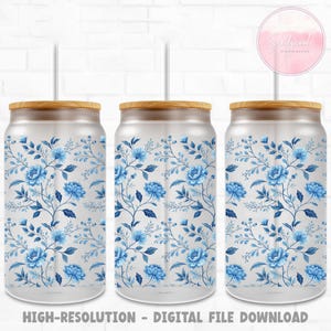 Vaso de vidrio de 16 oz con diseño de toile azul PNG - Diseño de sublimación de vaso chinoiserie - Envoltorio de vidrio con diseño de flores - Descarga instantánea