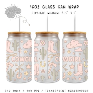 Pastel Cowgirl Glass Can Wrap PNG - Cute Western Boots Hat Cactus Tumbler Wrap - 16oz Country Girl Digital Design - 16oz wrap PNG