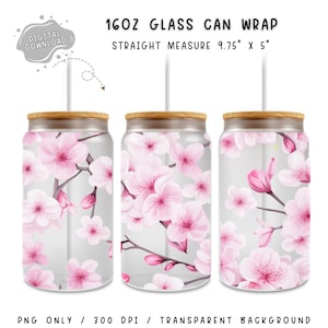 ピンクの花のガラス缶 - 桜の花柄ガラス缶タンブラーPNG - シームレスな昇華デザイン - デジタルファイルの即時ダウンロード
