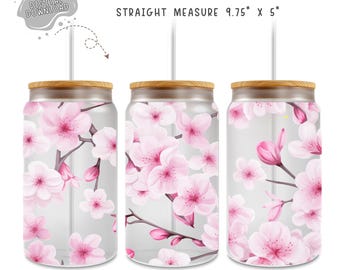 Cherry Blossom Glass Can Tumbler: Floral Sublimation Design (PNG Digital File)