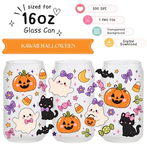 Puede incluir: Un diseño digital para un vaso de 473 ml con un patrón de Halloween que incluye calabazas naranjas, fantasmas blancos, gatos negros, lazos morados, dulces, murciélagos y estrellas sobre un fondo transparente con 300 DPI.