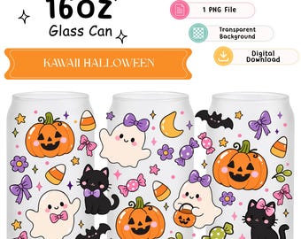 Kawaii Halloween 16oz Glass Can Wrap PNG, Ghost Black Cat Pumpkin Cup Wrap for Sublimation Design