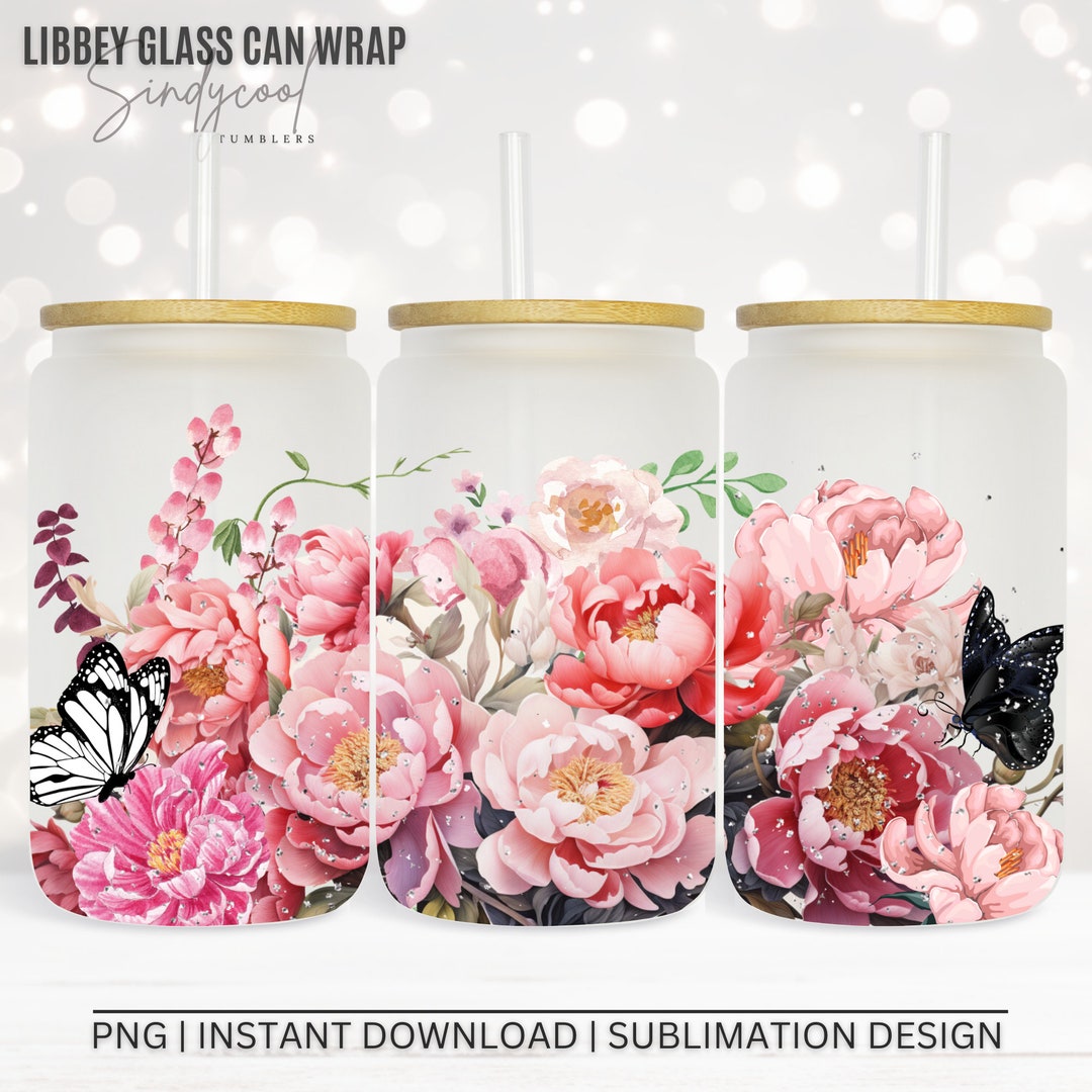 Pink Watercolor Flowers 16 Oz Libbey Glass Can Tumbler PNG - Seamless ...