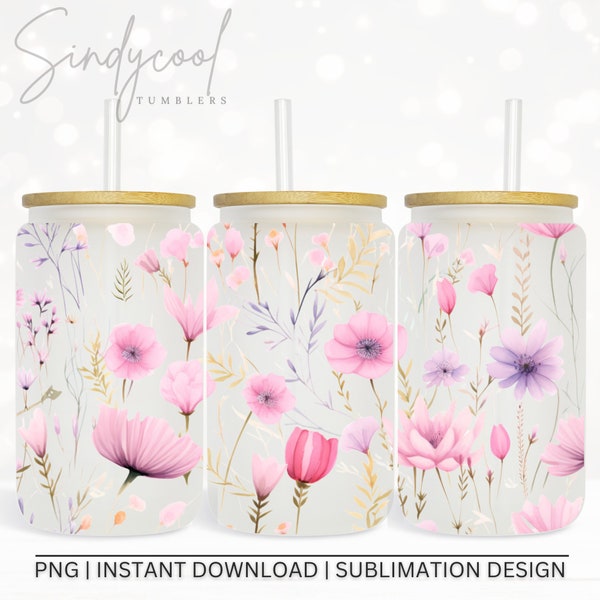 Pink Flowers Glass can, Watercolor Flower Glass can cup, Floral Glass Tumbler, 16oz glass can wrap, Libbey Glass Wrap, Wildflower PNG