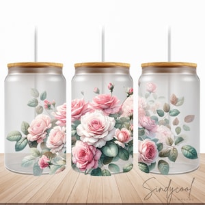 Rosa Blumen 16 Unzen Glasdose PNG - Elegante Blumen Tumbler Wrap, Rosengarten Design, Vintage Pfingstrose und Rosen Floral - Digital Download