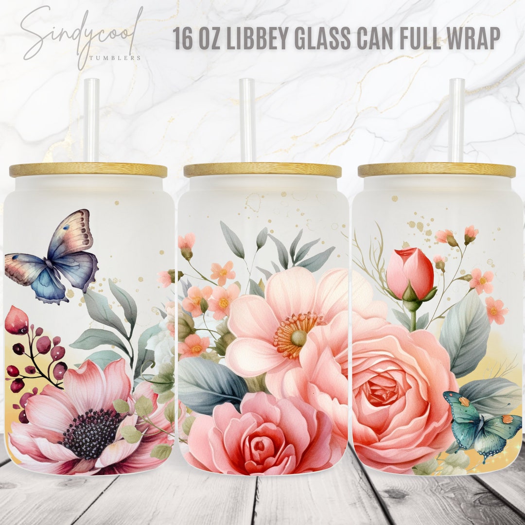 Butterfly Flowers 16 Oz Libbey Glass Can Tumbler PNG Floral Tumbler ...