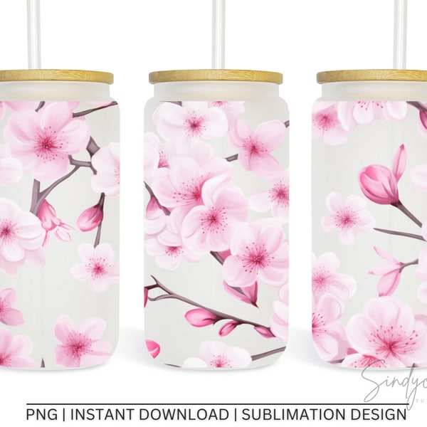 Pink Flowers Glass Can - Cherry Blossom Florals Libbey Glass Can Tumbler PNG - Seamless Sublimation Design - Digital File Instant Download