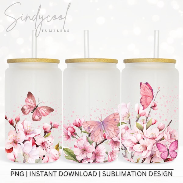 Watercolor Pink Butterfly Flowers 16 oz Libbey Glass Can Tumbler PNG - Seamless Sublimation Design - Digital File Instant Download