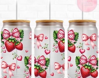 Envoltura de lata de vidrio con forma de fresa, PNG, vaso de 16 oz con lazo y corazón, sublimación