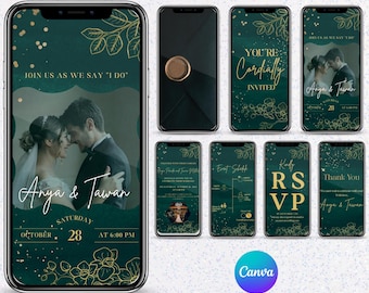 Modèle d'invitation vidéo de mariage émeraude : élégant mariage numérique animé vert et or