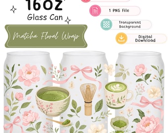 Puede incluir: Diseño digital para un vaso de 473 ml, con un envoltorio floral de matcha. El diseño incluye peonías rosas, hojas verdes y un cuenco, batidor y taza de matcha. También se incluye el texto "Matcha Floral Wrap".
