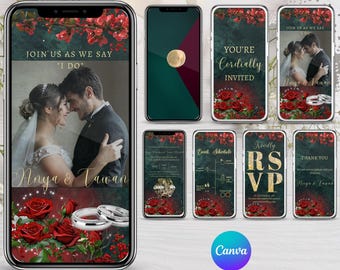 Invitación de boda en vídeo con temática elegante de rosas burdeos y verdes, plantilla editable de Canva, invitación digital animada con confirmación de asistencia.