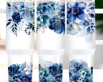Blue Floral Tumbler Wrap - Navy Watercolor Flowers design - 40oz Tumbler Cups (Digital Download)