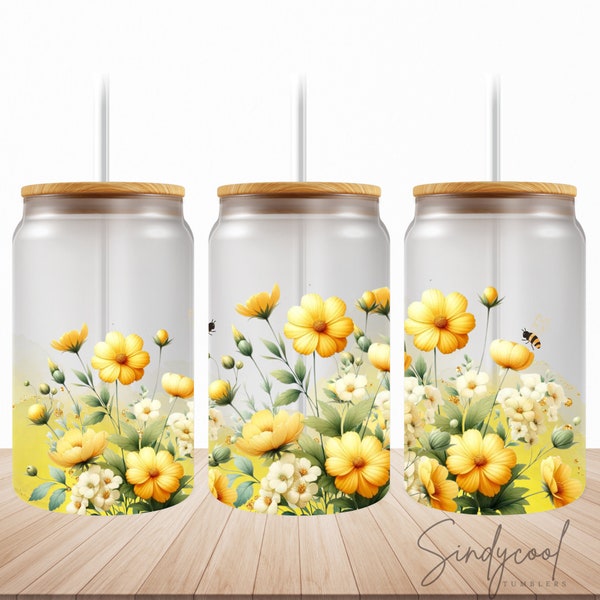 Spring Flowers - Yellow Floral Libbey Glass Can Tumbler PNG - Wildflower Sublimation Design - 16 oz Libbey Glass Can Tumbler Sublimation