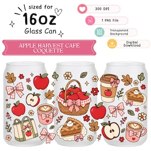 Apple Harvest Café Coquette, 16oz glazen blikje wrap png, schattige herfst koffiekopje wrap, strik appeltaart café sublimatieontwerp