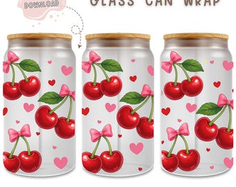Coquette Cherry Glass Can Wrap: Pink Bow Girly Design (Digital Download 16oz Tumbler Design)