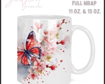 Envoltura para taza con diseño floral de mariposas / Tazas de café de 11 oz y 15 oz / Diseño floral (Descarga digital)