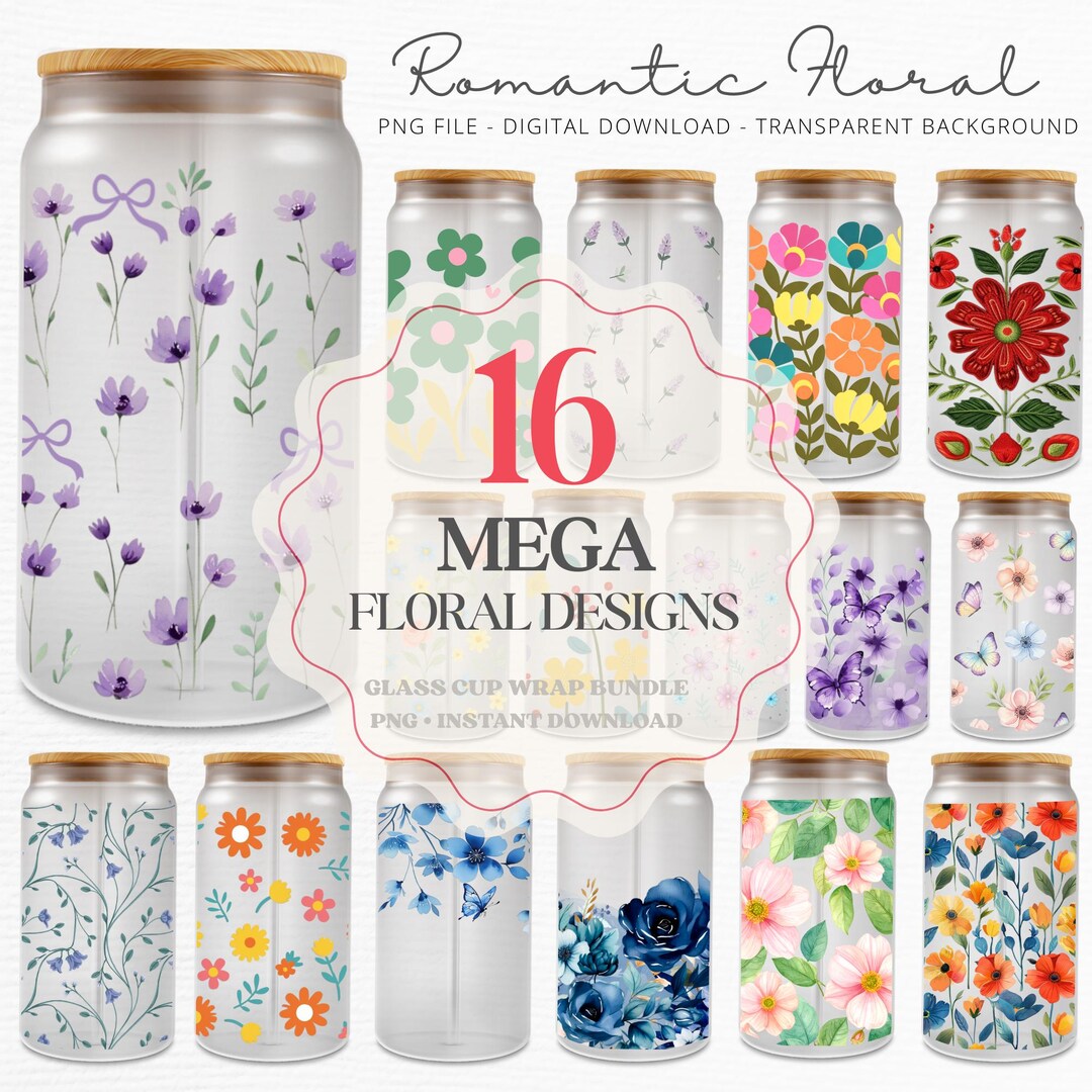 Floral Glass Cup Wrap Bundle | 16 PNG Flower Can Glass Sublimation ...