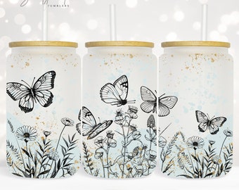 Flowers Butterfly Line Art glass can wrap - 16 oz tumbler cups - Floral  Design - Digital Download