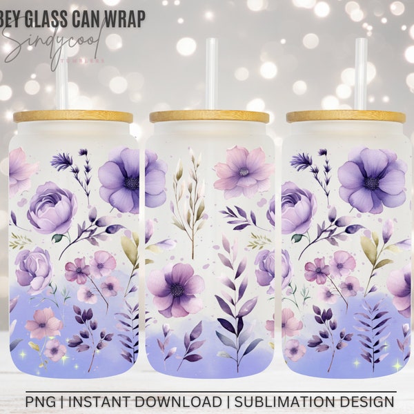 Purple Flowers Glass Can - Wildflowers Libbey Glass Can Tumbler PNG - Seamless Sublimation Design - Digital File Instant Download