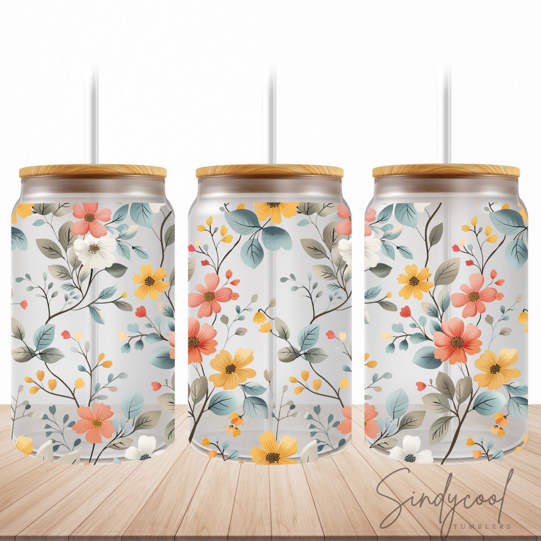 Wildflowers 16 Oz Libbey Glass Can Tumbler PNG Floral Tumbler ...