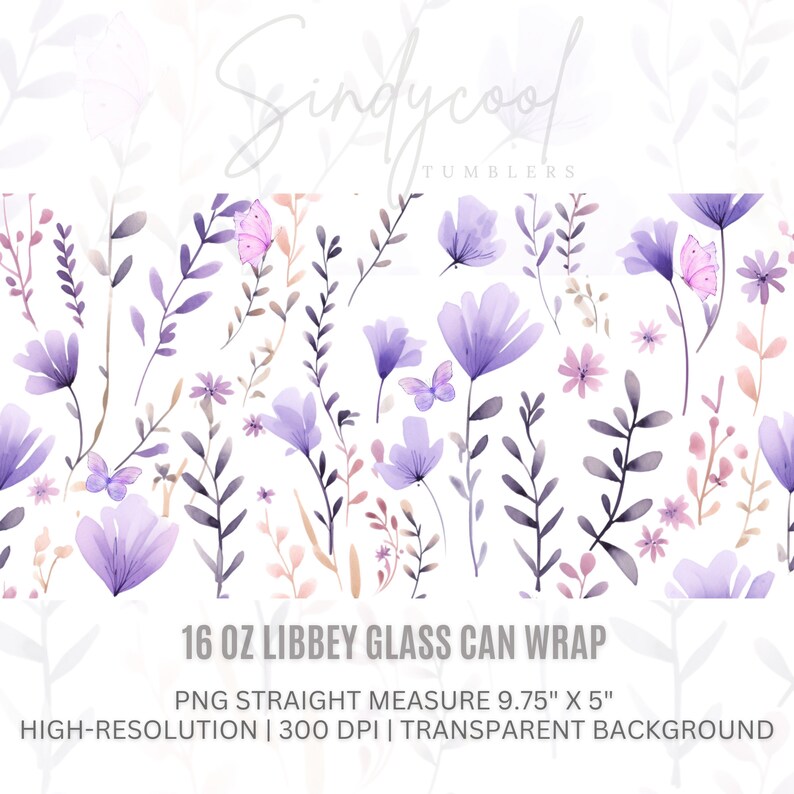 16oz Libbey Glass Can Tumbler Flowers PNG Purple Floral Tumbler Wrap ...