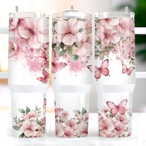 Pink Flowers Butterfly 40oz Tumbler Wrap, 40oz Tumbler Siublimation Pink Floral Design PNG, Wildflower travel mug design, Digital Download
