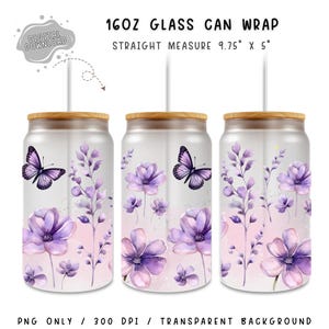 Aquarell Lila Blumen Schmetterling Becher Tassen | Florales 16 Unzen Libbey Glasdosenverpackungs-Design PNG