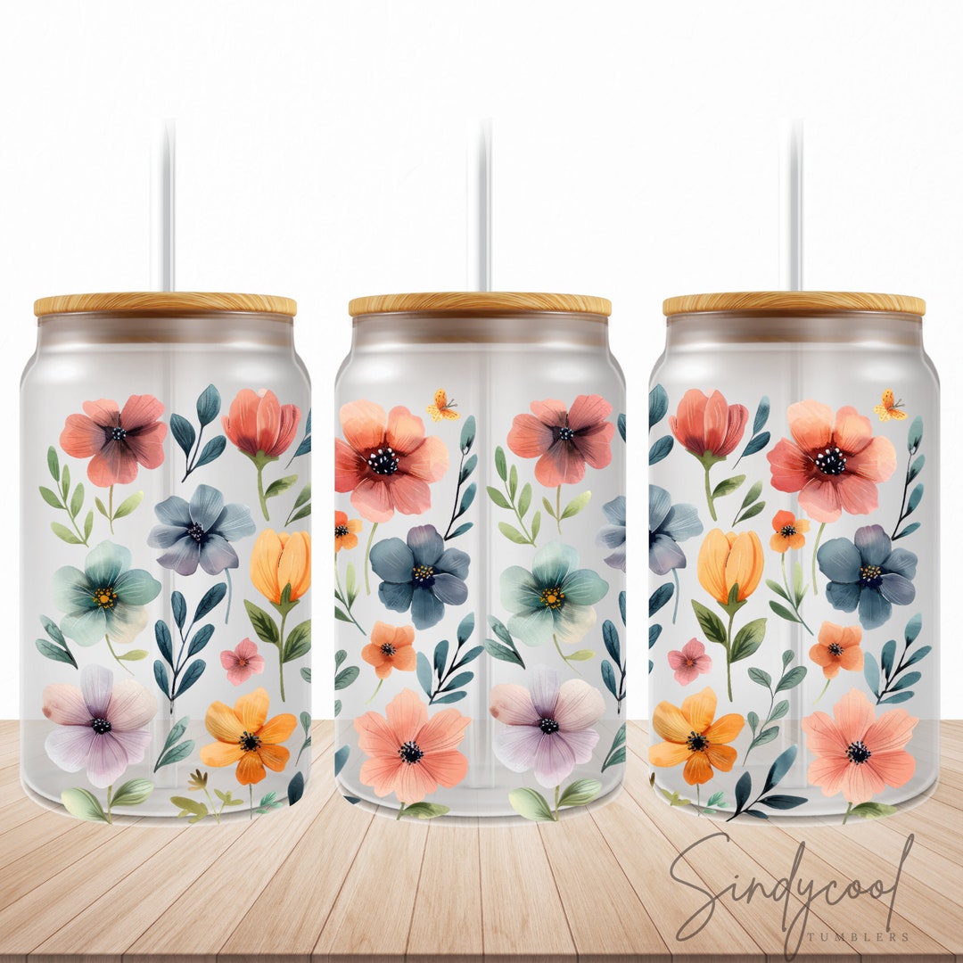 Flower 16oz Libbey Glass Can Tumbler PNG Floral Tumbler Wrap Watercolor ...