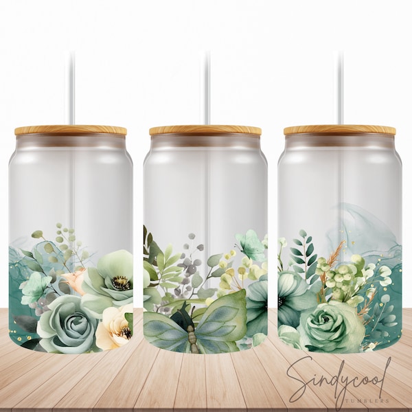 Green Floral, 16 Oz Libbey Glass PNG, Greenery Libbey Can Wrap Sublimation PNG Design, Frosted Glass Tumbler Cup Digital Download PNG