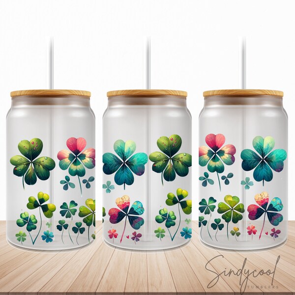 Clover 16oz Libbey Glass Can Tumbler PNG - Green Clover 16oz Libbey Glass - Watercolor Shamrock Tumbler - Multi Color Clover Design PNG