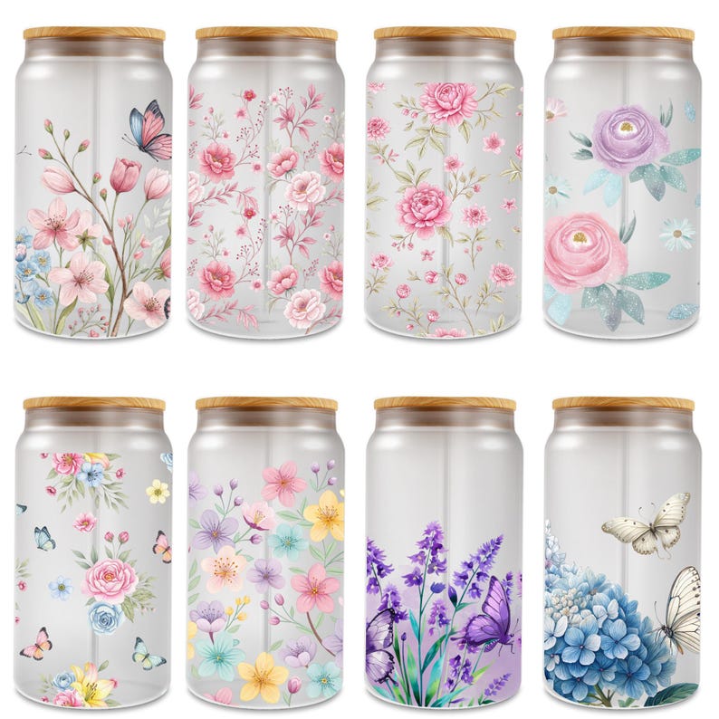 20 Floral Designs Glass Can Wraps Bundle, Sublimation Designs 16oz ...