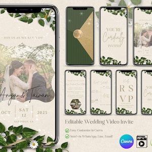 May include: A digital wedding invitation displayed on multiple smartphones. The design features a photo of a couple, floral accents, and the names "Anya & Tawan." The text includes "You're Cordially Invited" and RSVP details. The invitation is customizable in Canva.